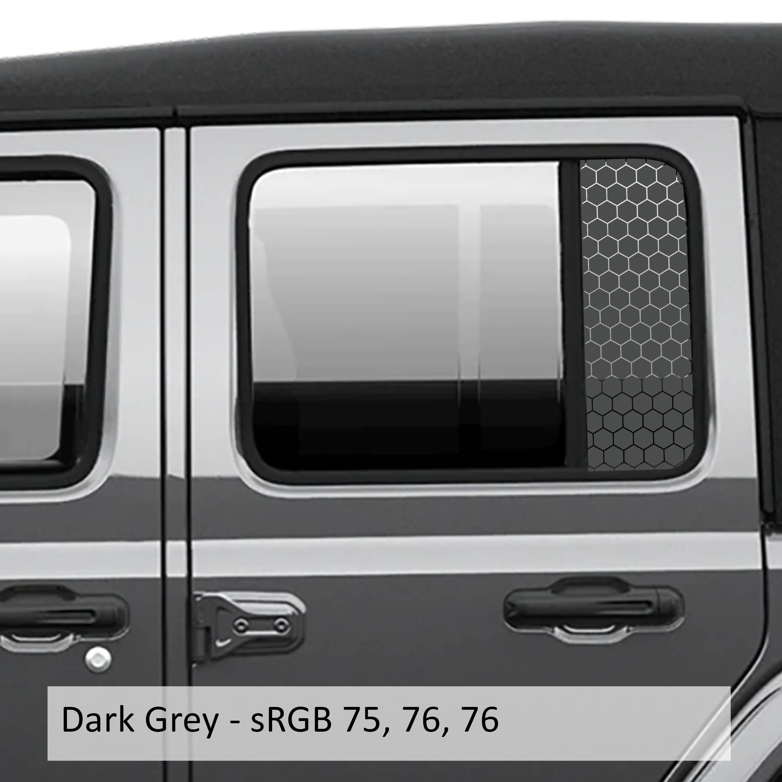 Dark gray honeycomb hex mesh side window decal set installed on Jeep Wrangler JL glass