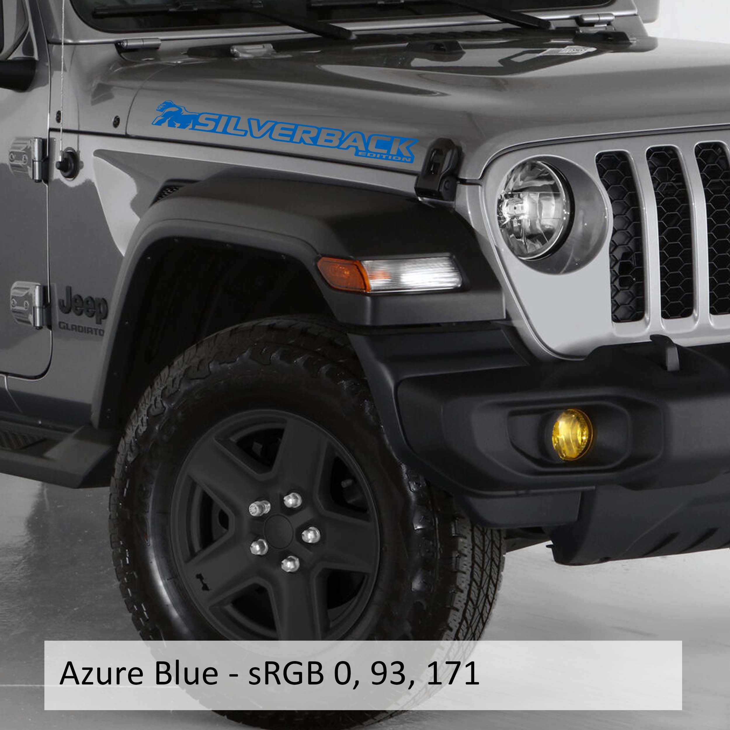 Azure blue Silverback Edition Wrangler side hood vinyl decal pair with gorilla mountain silhouette art.
