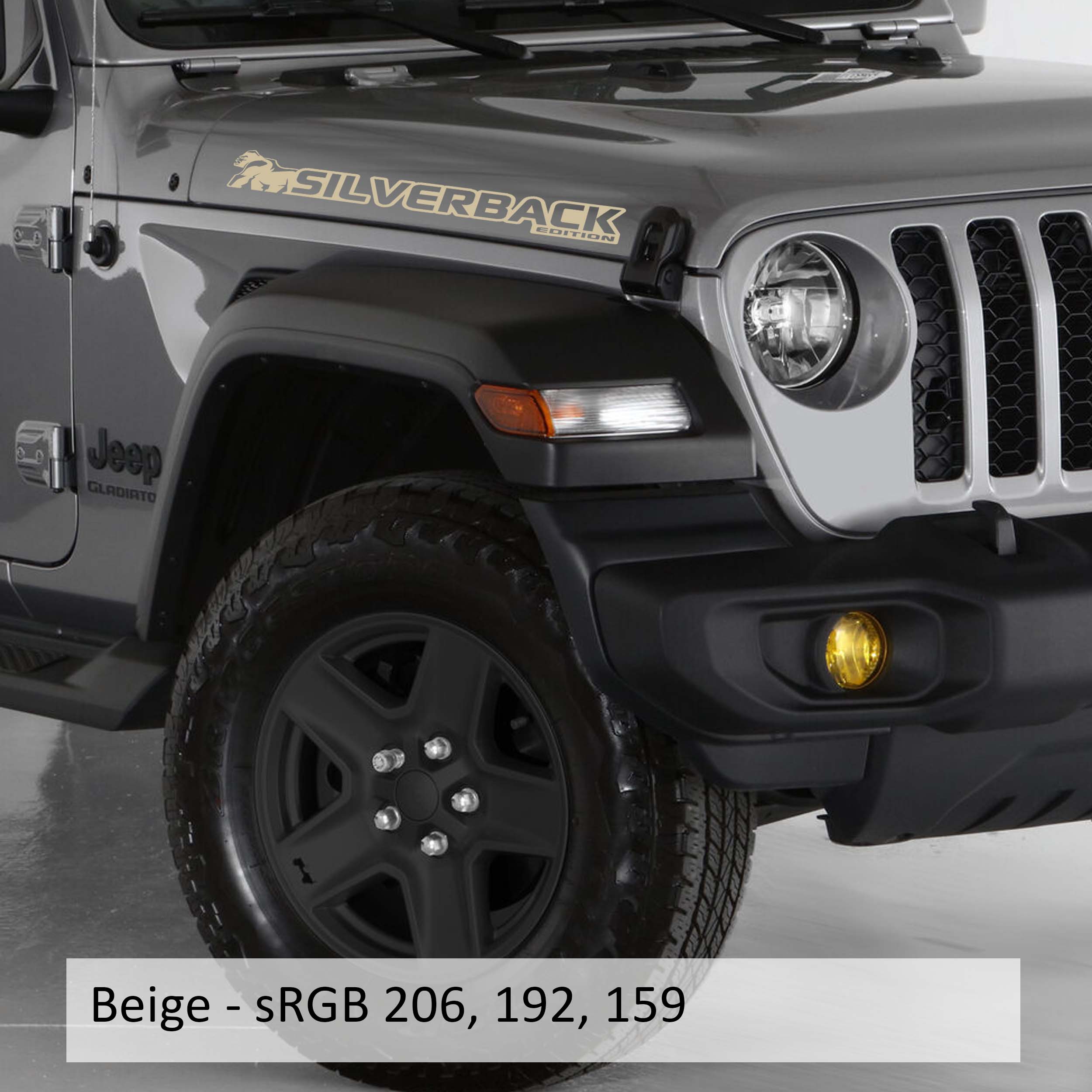 Beige Silverback Edition Jeep Wrangler side hood vinyl decal pair with gorilla mountain artwork.