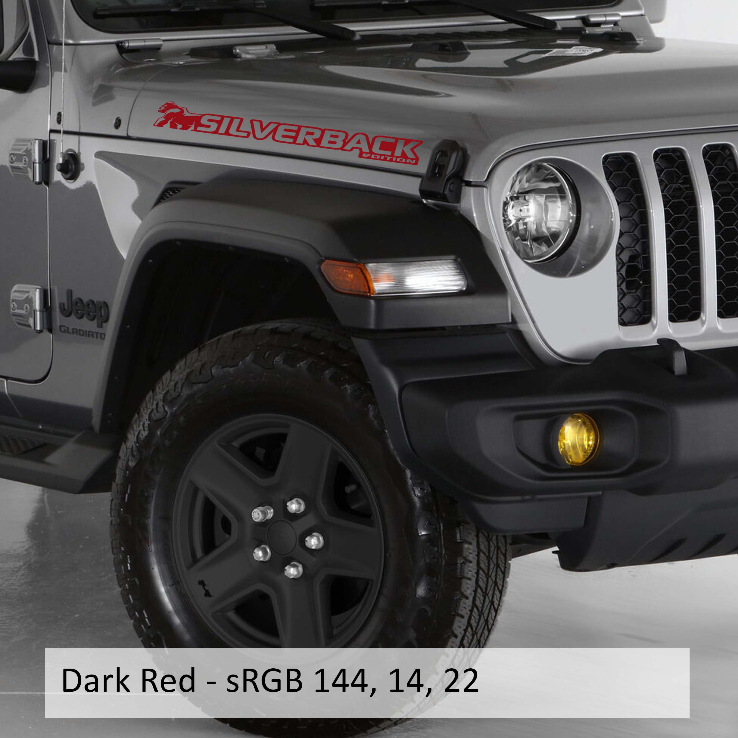 Dark red Silverback Edition Jeep Wrangler side hood vinyl decal pair with gorilla mountain artwork.