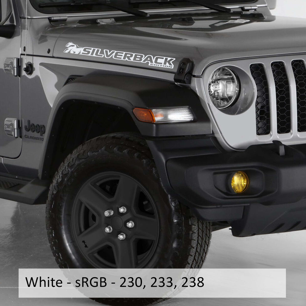 White Silverback Edition Jeep Wrangler side hood vinyl decal pair with gorilla mountain silhouette art.
