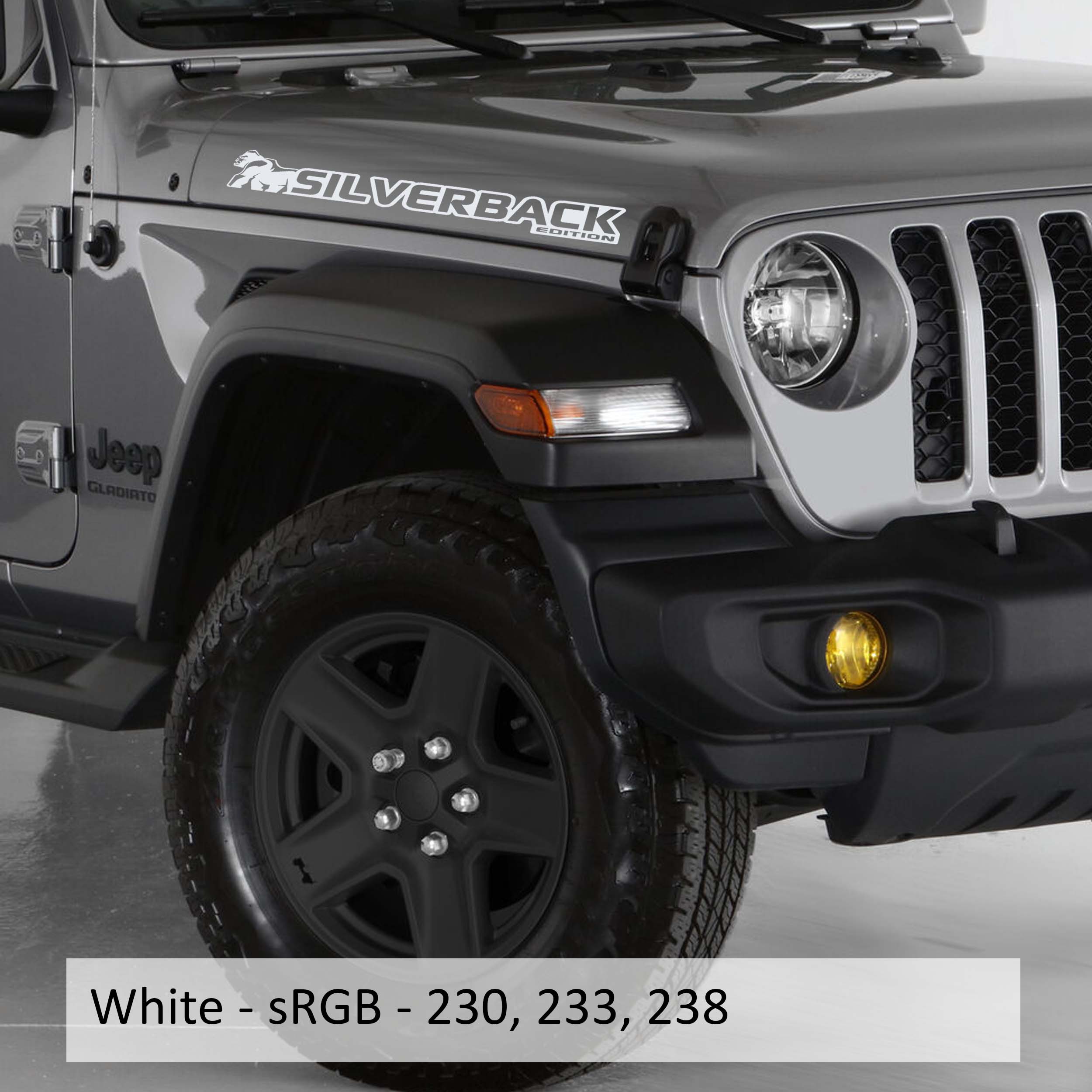 White Silverback Edition Jeep Wrangler side hood vinyl decal pair with gorilla mountain silhouette art.