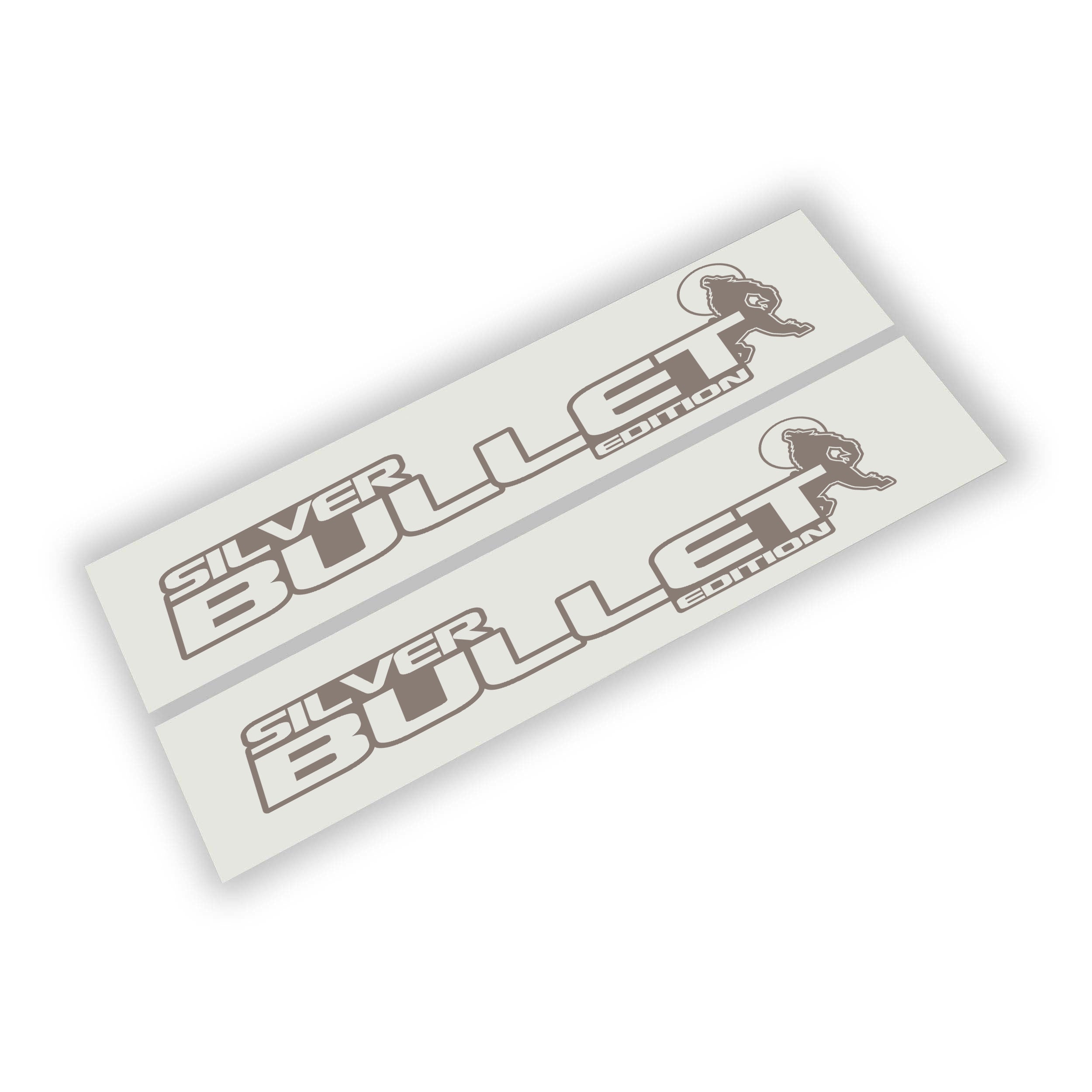 Silver Bullet Edition Jeep side hood decal pair with running mammoth icon and bold edition lettering design