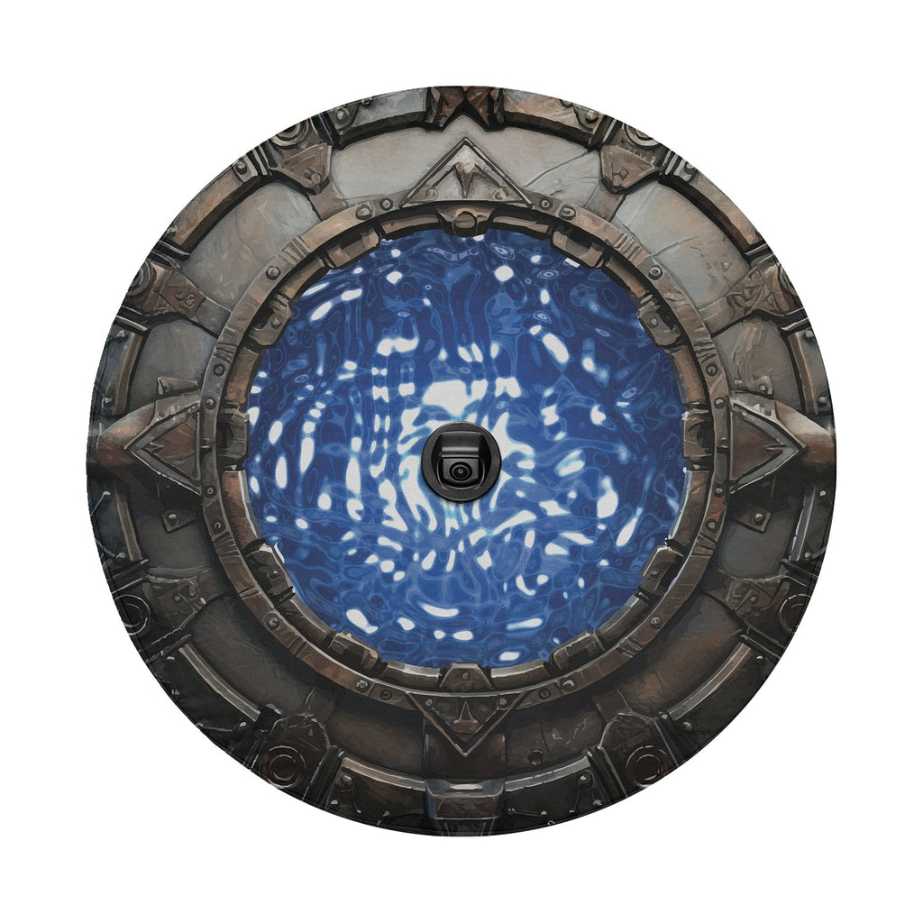 Space Arch Portal spare tire cover Ford Bronco rear desert scene with stone ring around blue portal