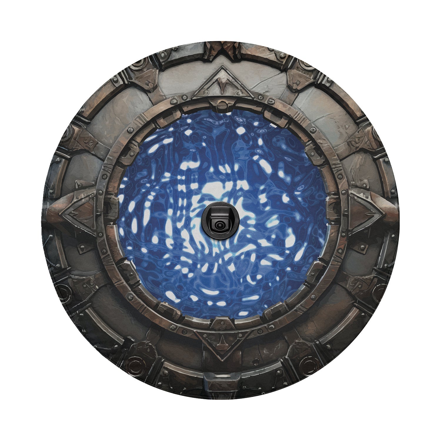 Space Arch Portal spare tire cover Ford Bronco rear desert scene with stone ring around blue portal