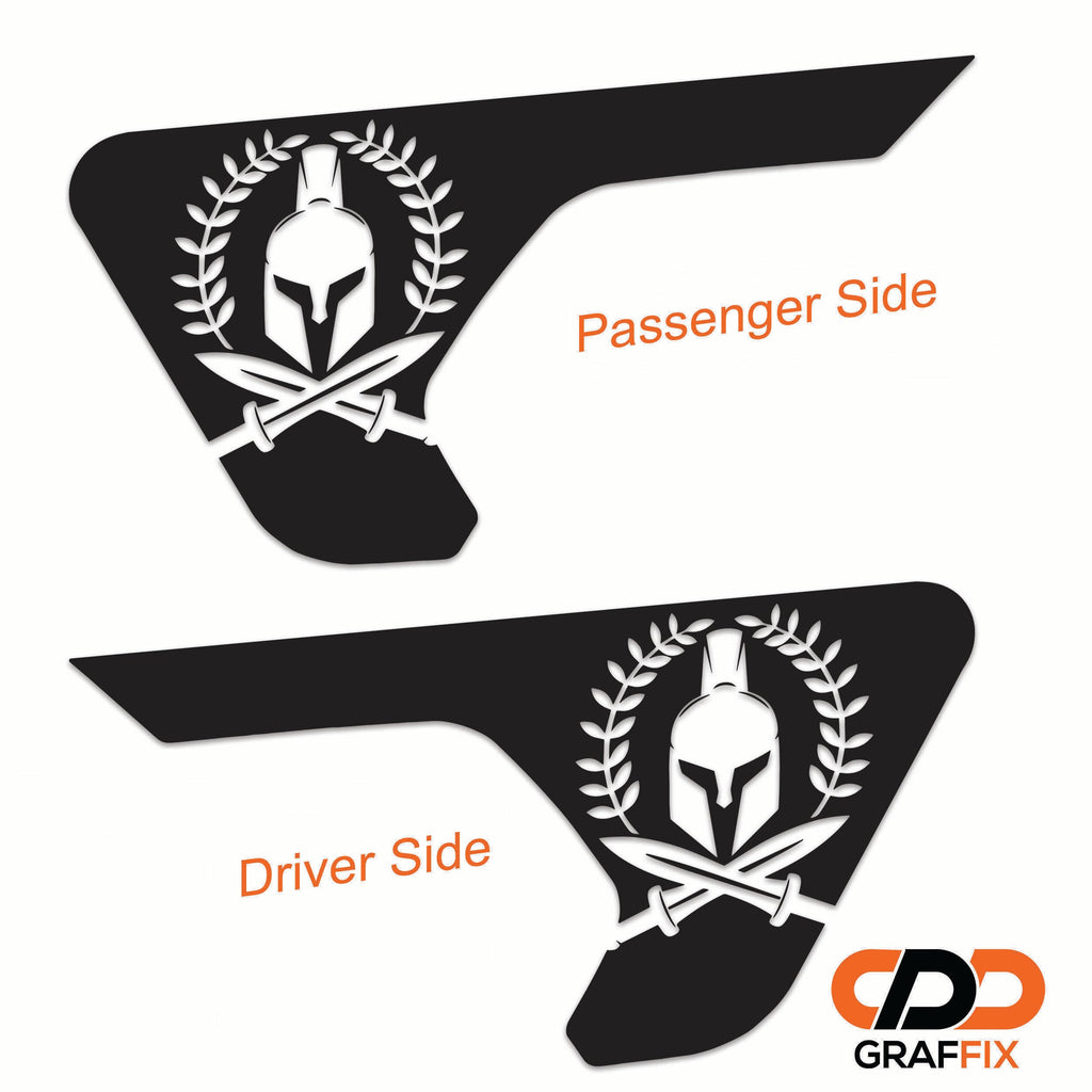 Spartan laurel wreath decal shown installed on Jeep Wrangler JL factory billet style fender vent