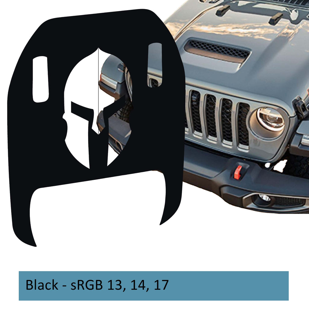 Black Spartan Helmet clawed foot hood decal mockup on Jeep Wrangler JL Gladiator Mojave 392