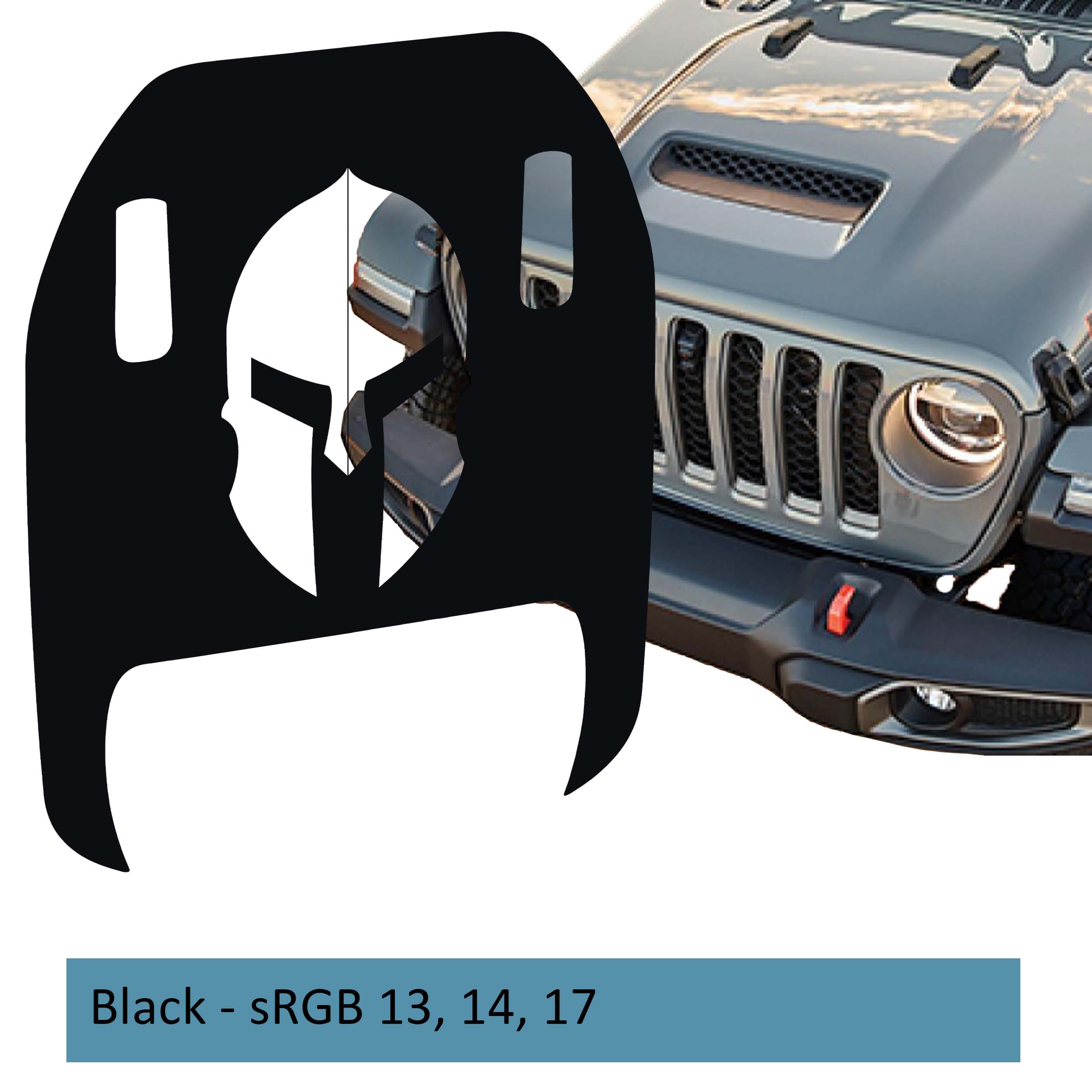 Black Spartan Helmet clawed foot hood decal mockup on Jeep Wrangler JL Gladiator Mojave 392