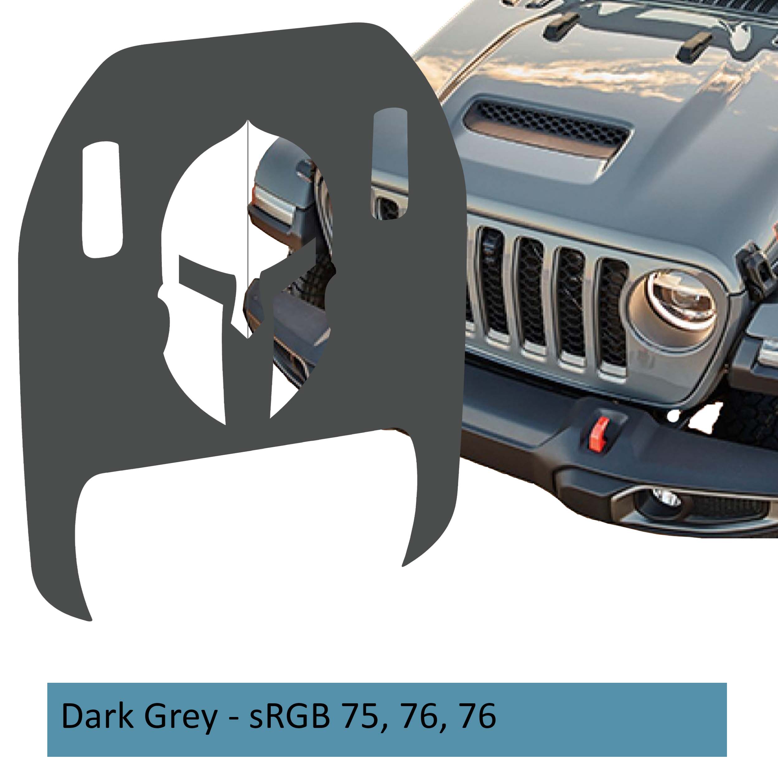 Dark grey Spartan Helmet clawed foot hood decal mockup on Jeep Wrangler JL Gladiator Mojave
