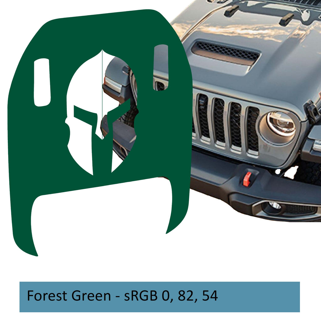 Frog green Spartan Helmet clawed foot hood decal mockup on Jeep Wrangler JL Gladiator 392