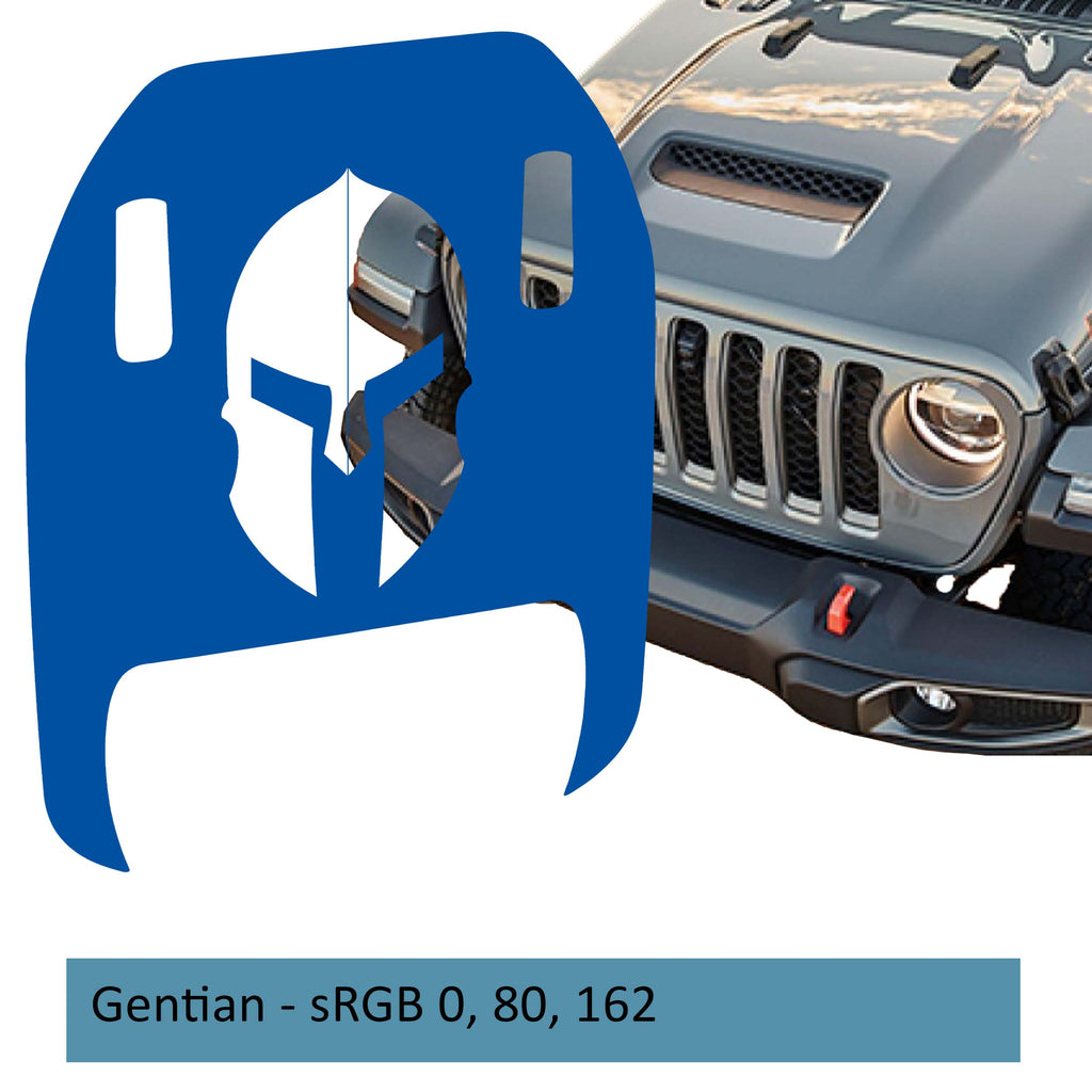 Gentian blue Spartan Helmet clawed foot hood decal mockup on Jeep Wrangler JL Gladiator 392
