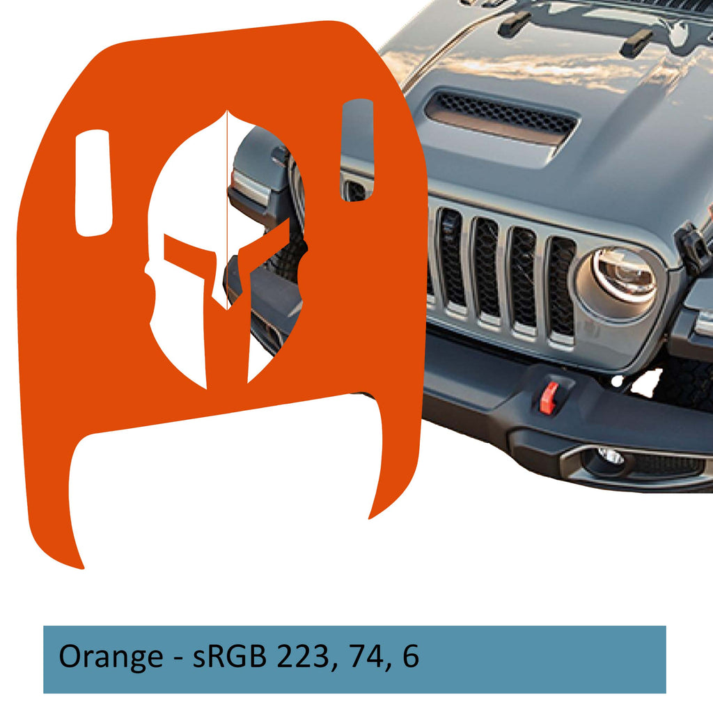 Orange Spartan Helmet clawed foot hood decal mockup on Jeep Wrangler JL Gladiator Mojave 392