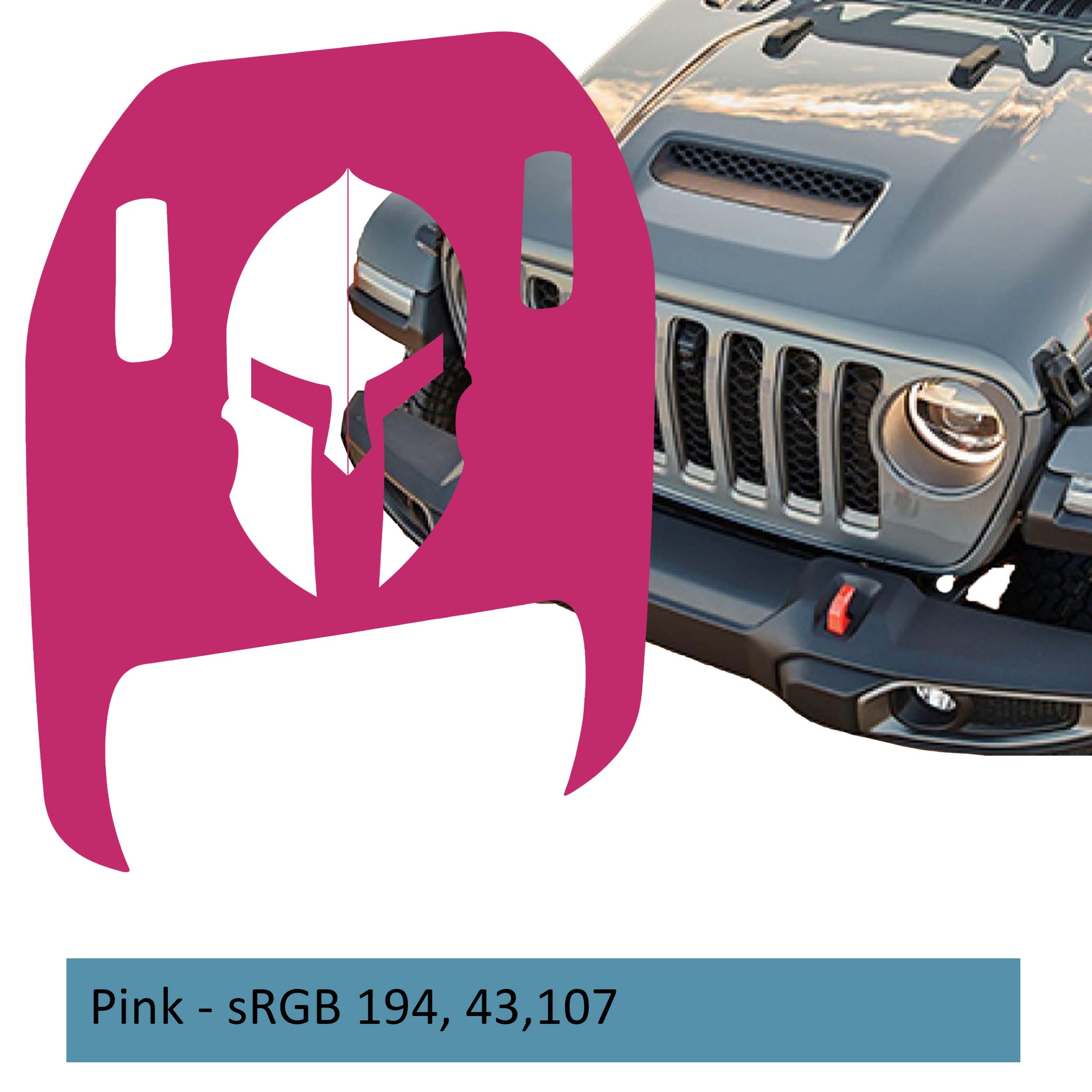 Pink Spartan Helmet clawed foot hood decal mockup on Jeep Wrangler JL Gladiator Mojave 392