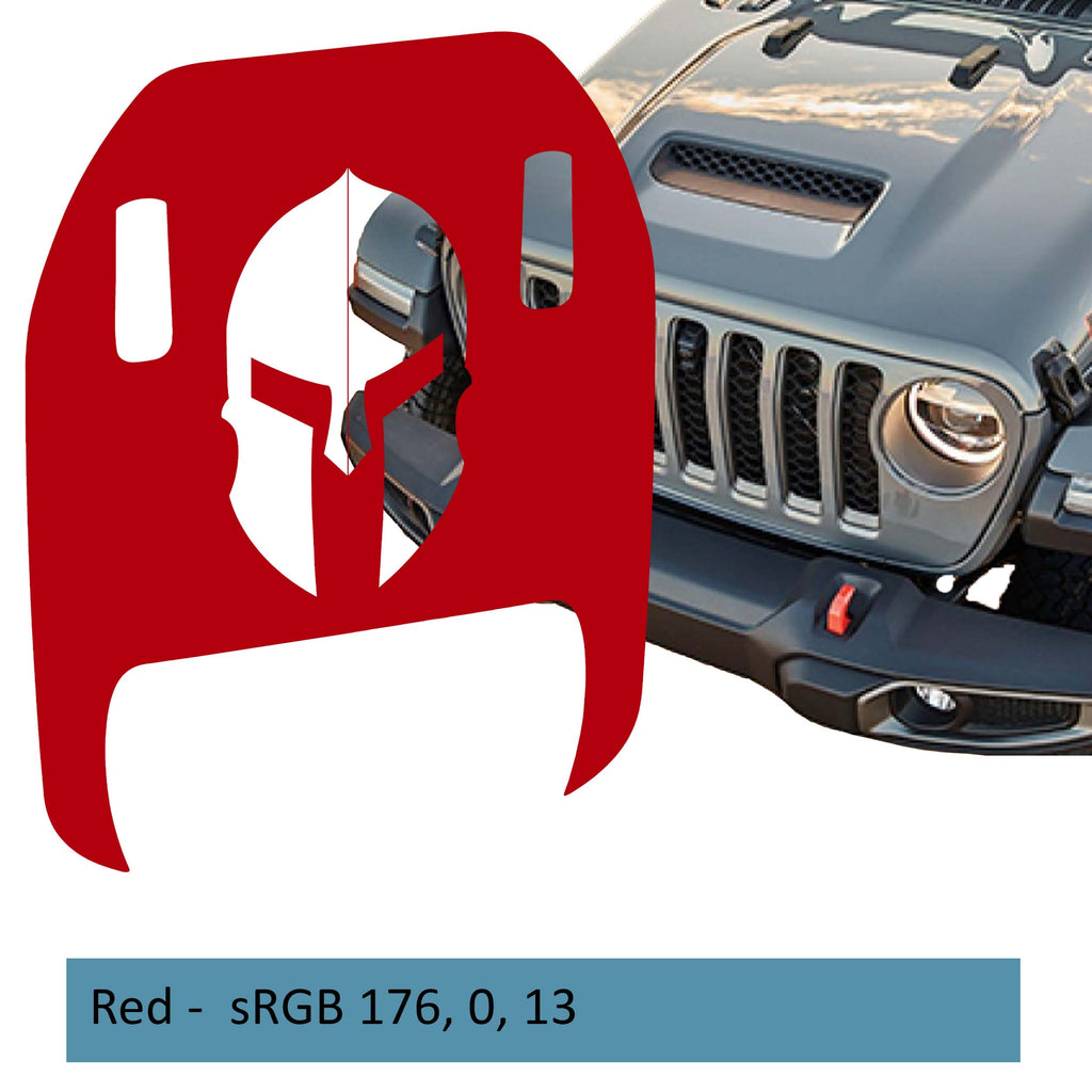 Red Spartan Helmet clawed foot hood decal mockup on Jeep Wrangler JL Gladiator Mojave 392