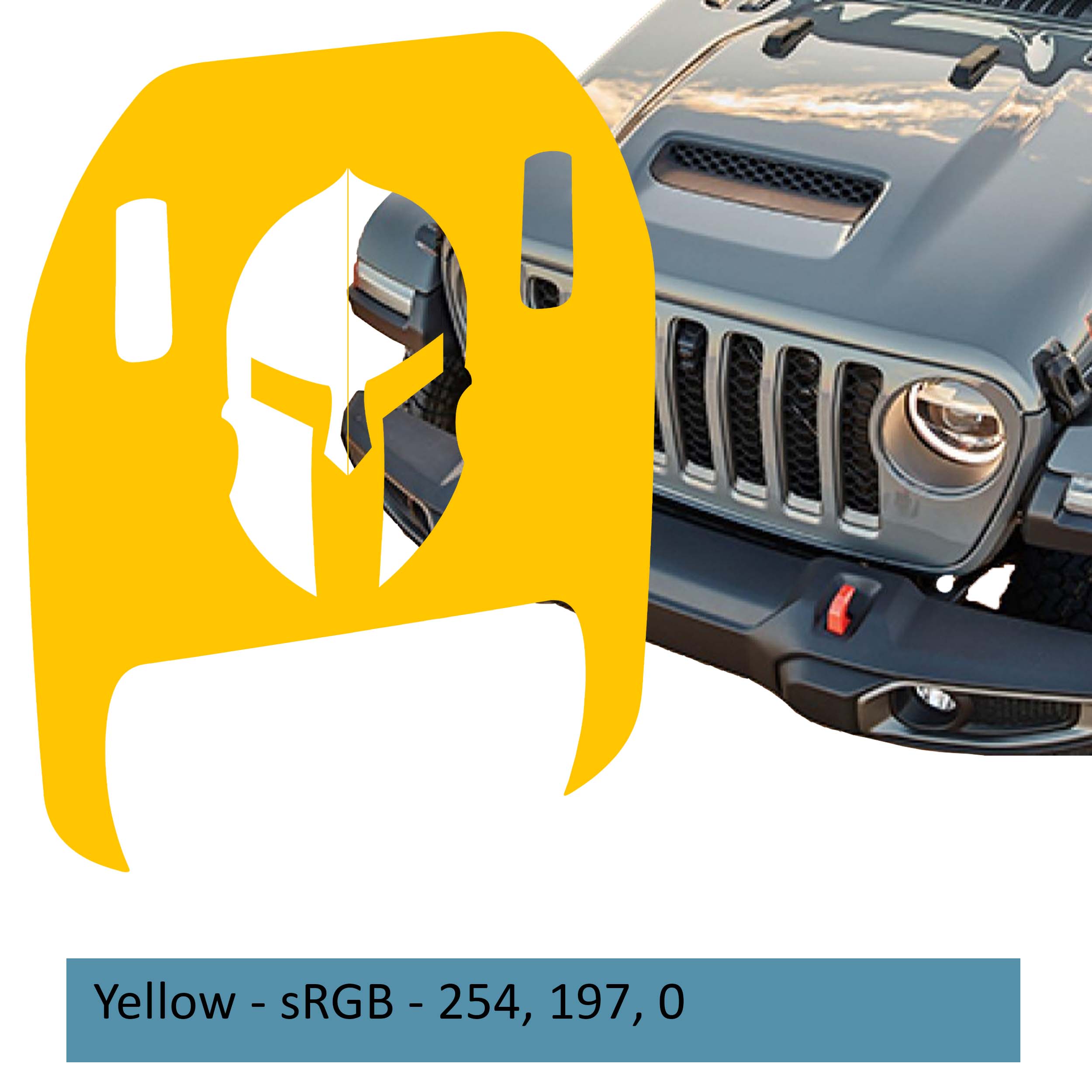 Yellow Spartan Helmet clawed foot hood decal mockup on Jeep Wrangler JL Gladiator Mojave 392