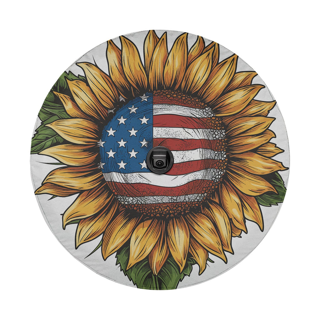 Star-Spangled Sunflower spare tire cover laid flat for fitment showing the red white blue petals across the canvas