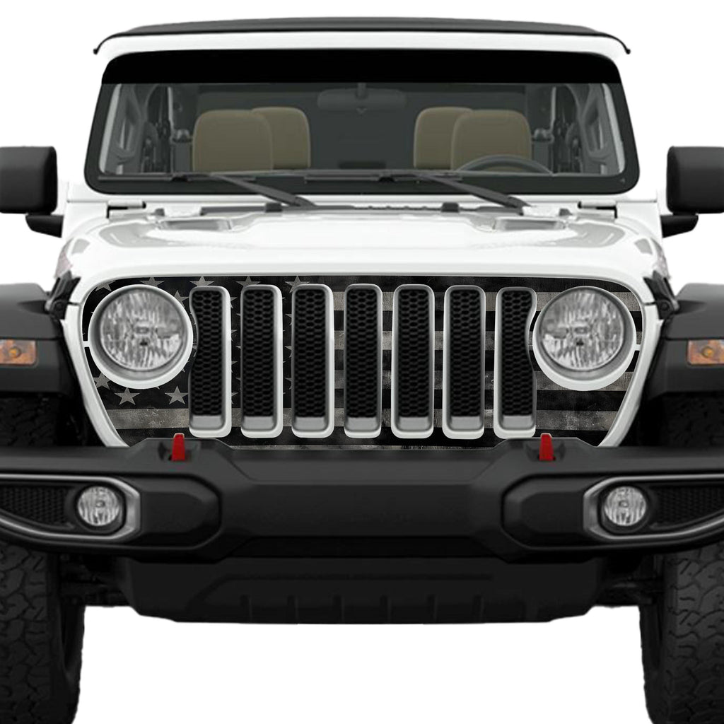 Black and Gray Subdued No Quarter American Flag Grille Skin Vinyl Overlay  - Fits Jeep Wrangler JL/Jeep Gladiator JT 2018 - 2023