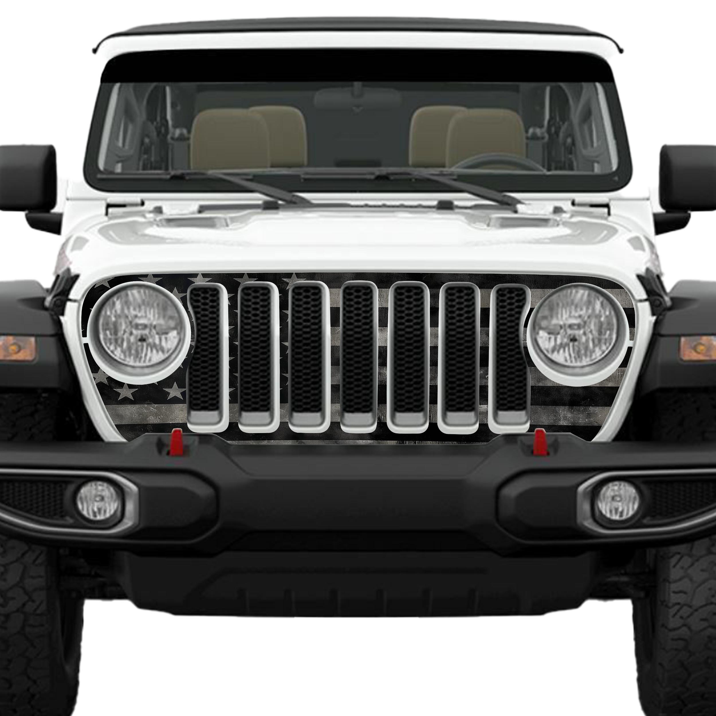 Black and Gray Subdued No Quarter American Flag Grille Skin Vinyl Overlay  - Fits Jeep Wrangler JL/Jeep Gladiator JT 2018 - 2023