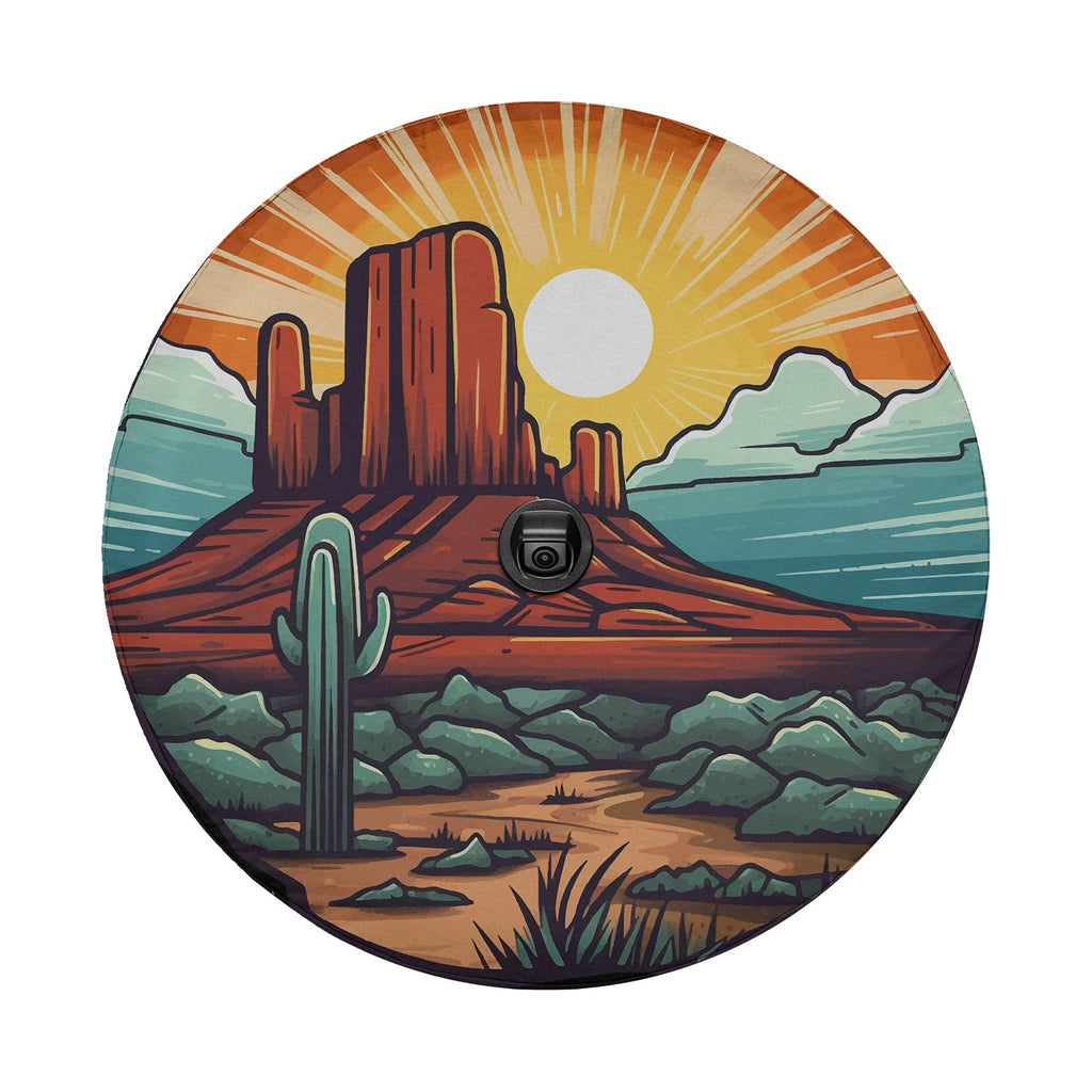 Sunset over Sedona tire cover closeup with backup camera hole centered near red mesa and saguaro cactus