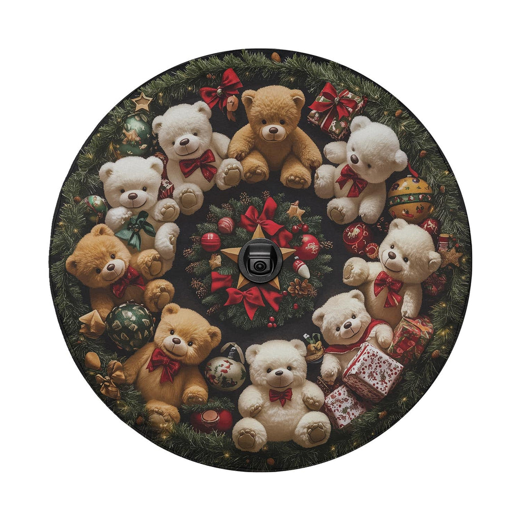 Teddy Bear Wreath tire cover on red Jeep Wrangler featuring plush bears garland gold star and bows