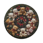 Teddy Bear Wreath tire cover on red Jeep Wrangler featuring plush bears garland gold star and bows