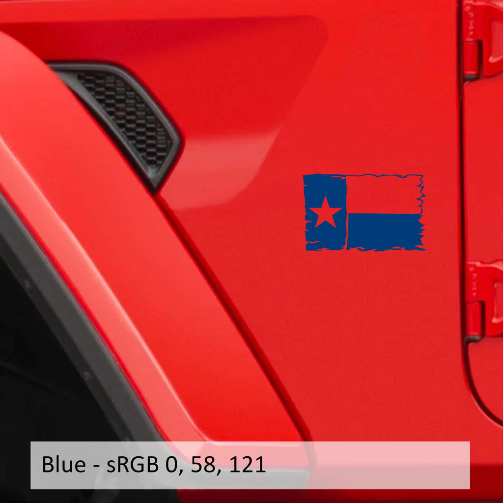 Blue Lone Star Texas tattered state flag fender decal pair shown on transparent transfer sheet preview