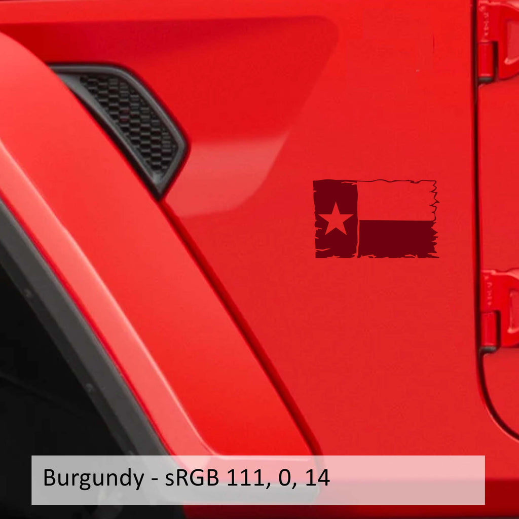 Burgundy Lone Star Texas tattered state flag fender decal pair on transparent transfer sheet preview