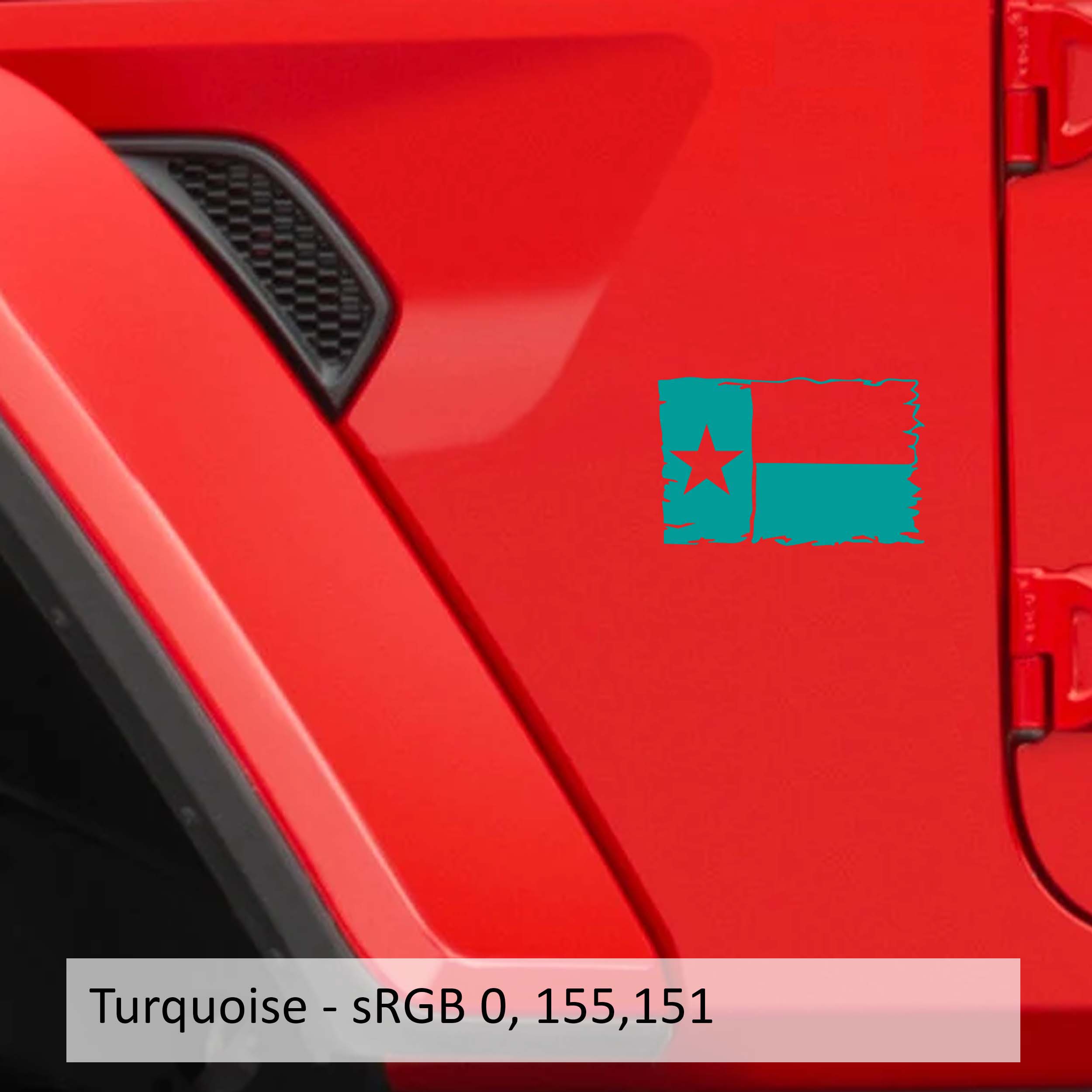 Turquoise Lone Star Texas tattered state flag fender decal pair on transparent transfer sheet preview