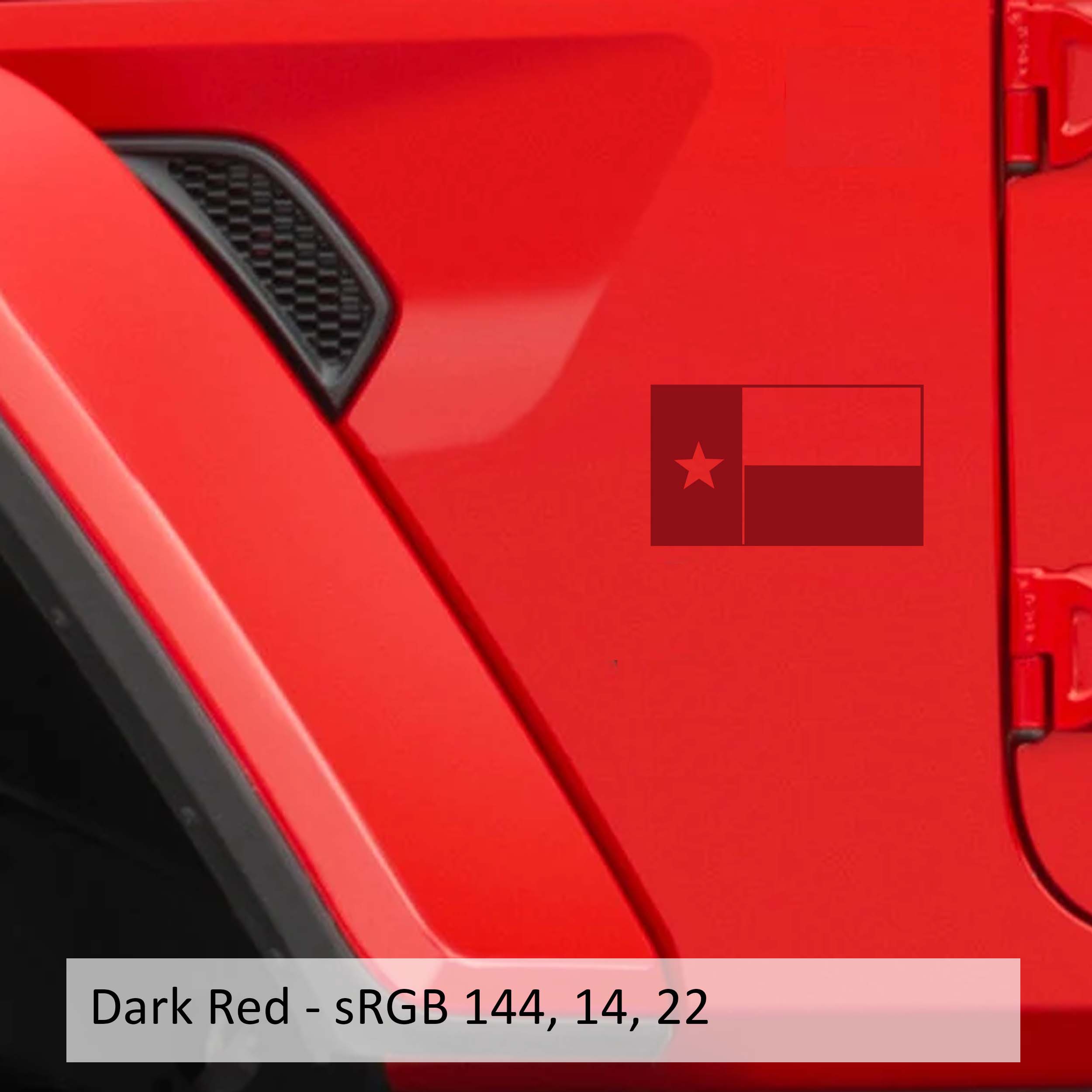 Dark red Lone Star Texas state flag fender vinyl decal pair shown on a transparent transfer sheet preview