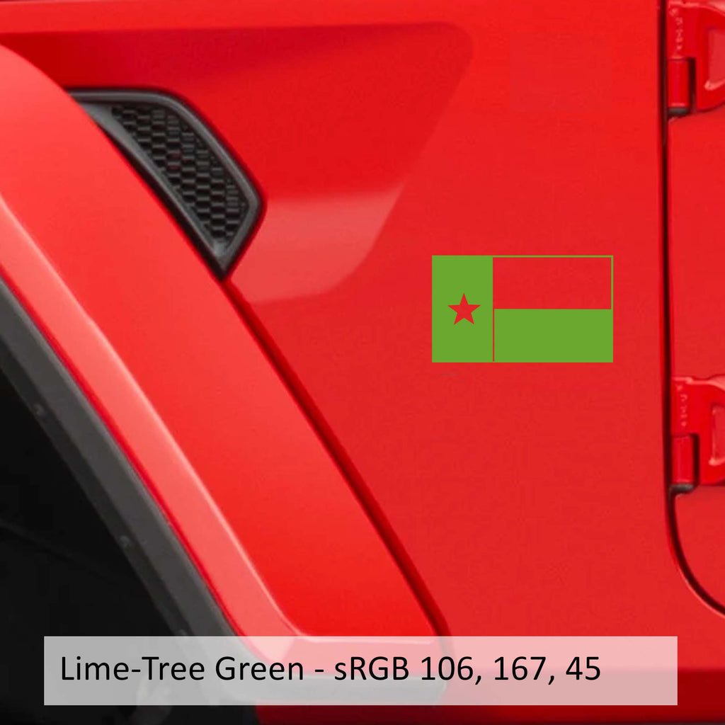 Lime green Lone Star Texas state flag fender vinyl decal pair shown on a transparent transfer sheet preview