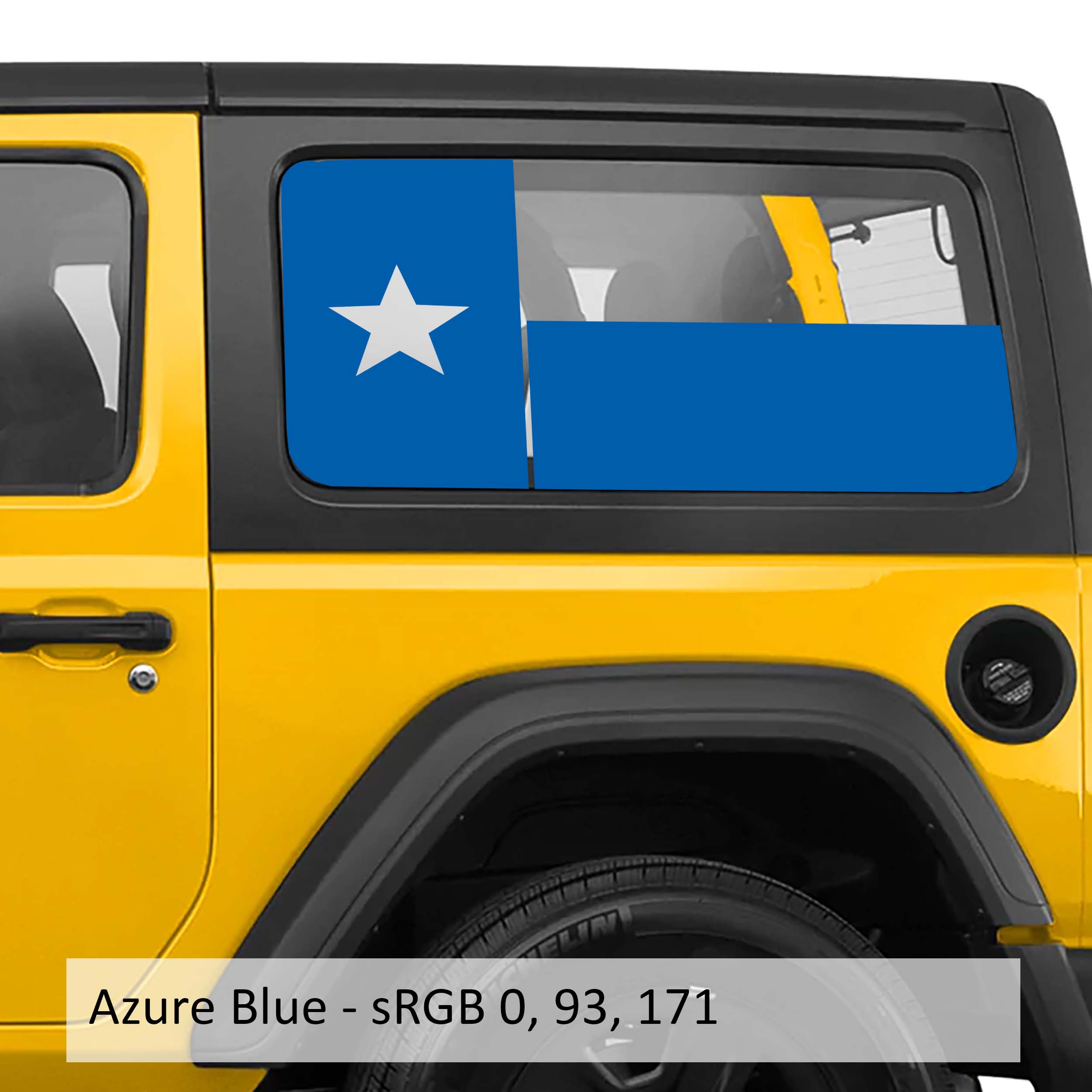 Azure blue Texas Lone Star flag hardtop window vinyl decal set for Jeep Wrangler JK JL models.