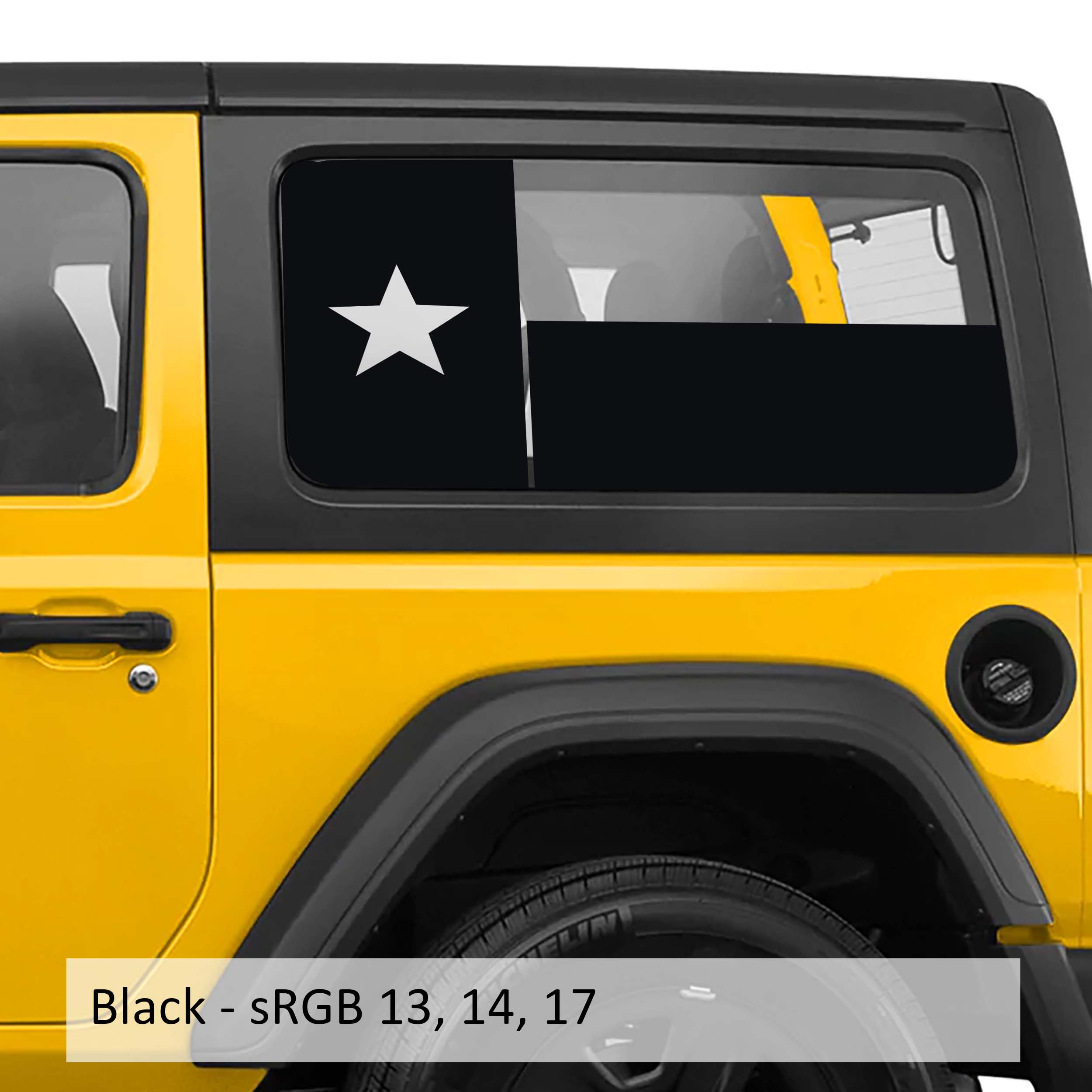 Black Texas Lone Star flag hardtop window vinyl decal set for Jeep Wrangler JK and JL models.