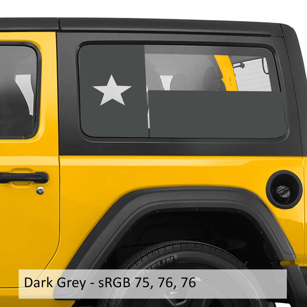 Dark gray Texas Lone Star flag hardtop window vinyl decal set for Jeep Wrangler JK JL models.