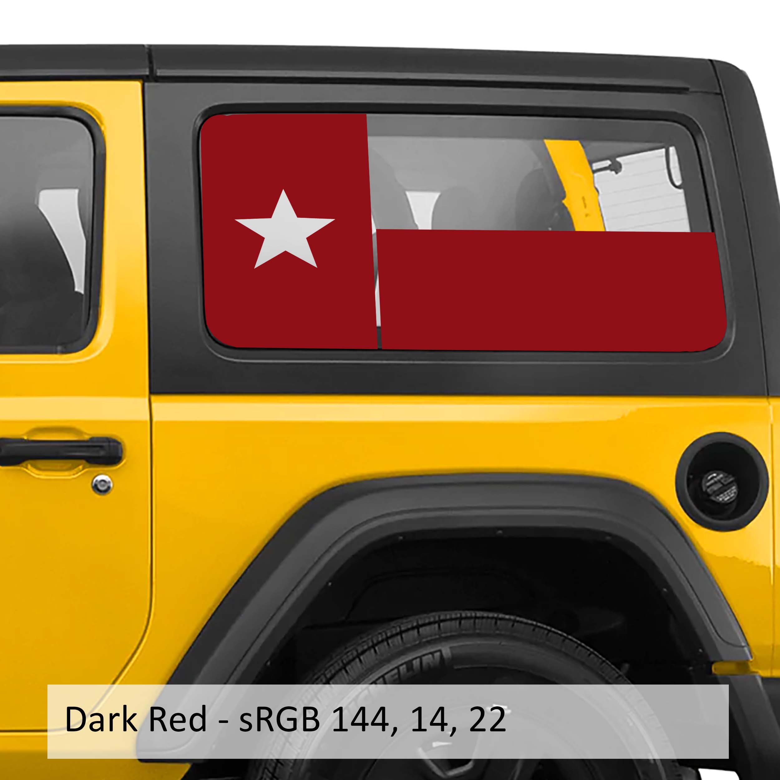 Dark red Texas Lone Star flag hardtop window vinyl decal set for Jeep Wrangler JK JL models.