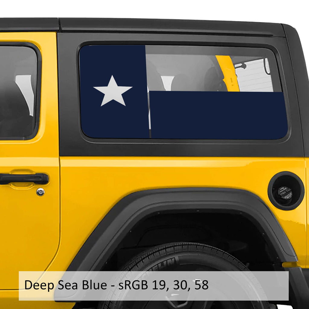 Deep sea blue Texas Lone Star flag hardtop window vinyl decal set for Jeep Wrangler JK JL models.