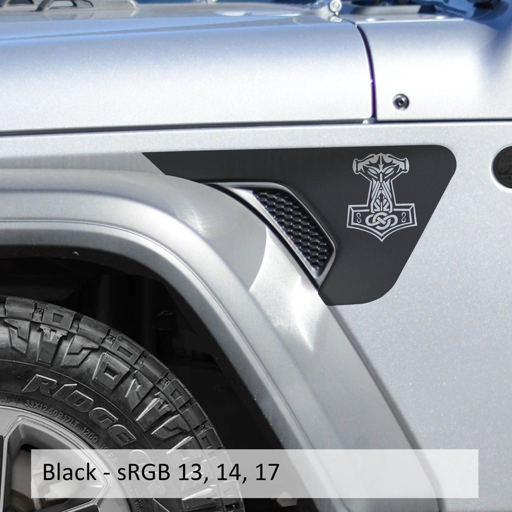 Black Norse Mjolnir Thors Hammer billet fender vent transfer decal on JL Wrangler fender