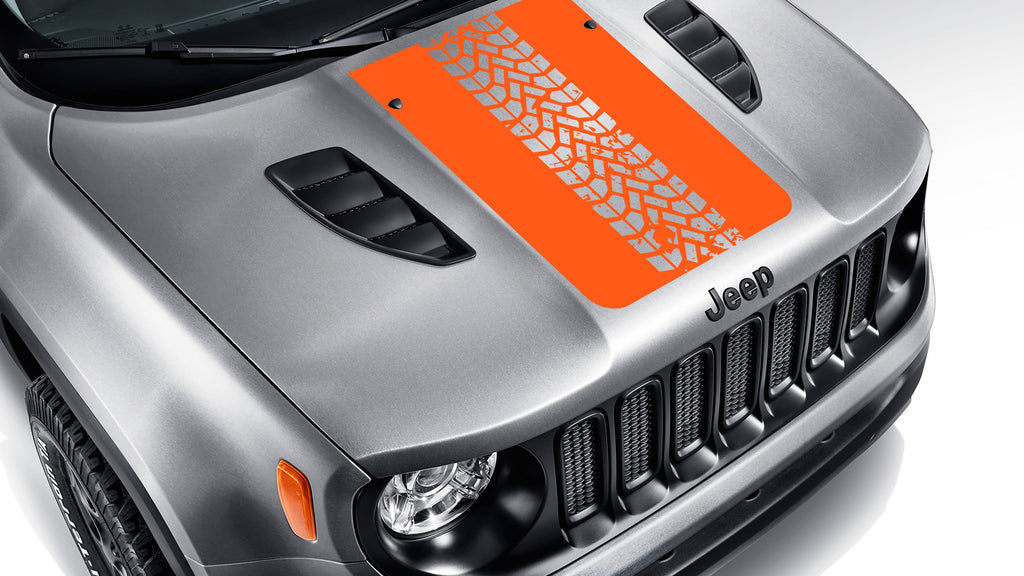 Orange tire track blackout hood vinyl decal on silver Jeep Renegade hood with bold tread pattern