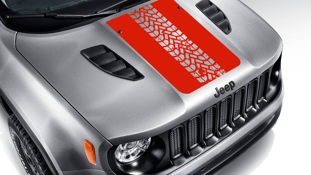 Traffic red tire track blackout hood vinyl decal on silver Jeep Renegade hood with tread pattern