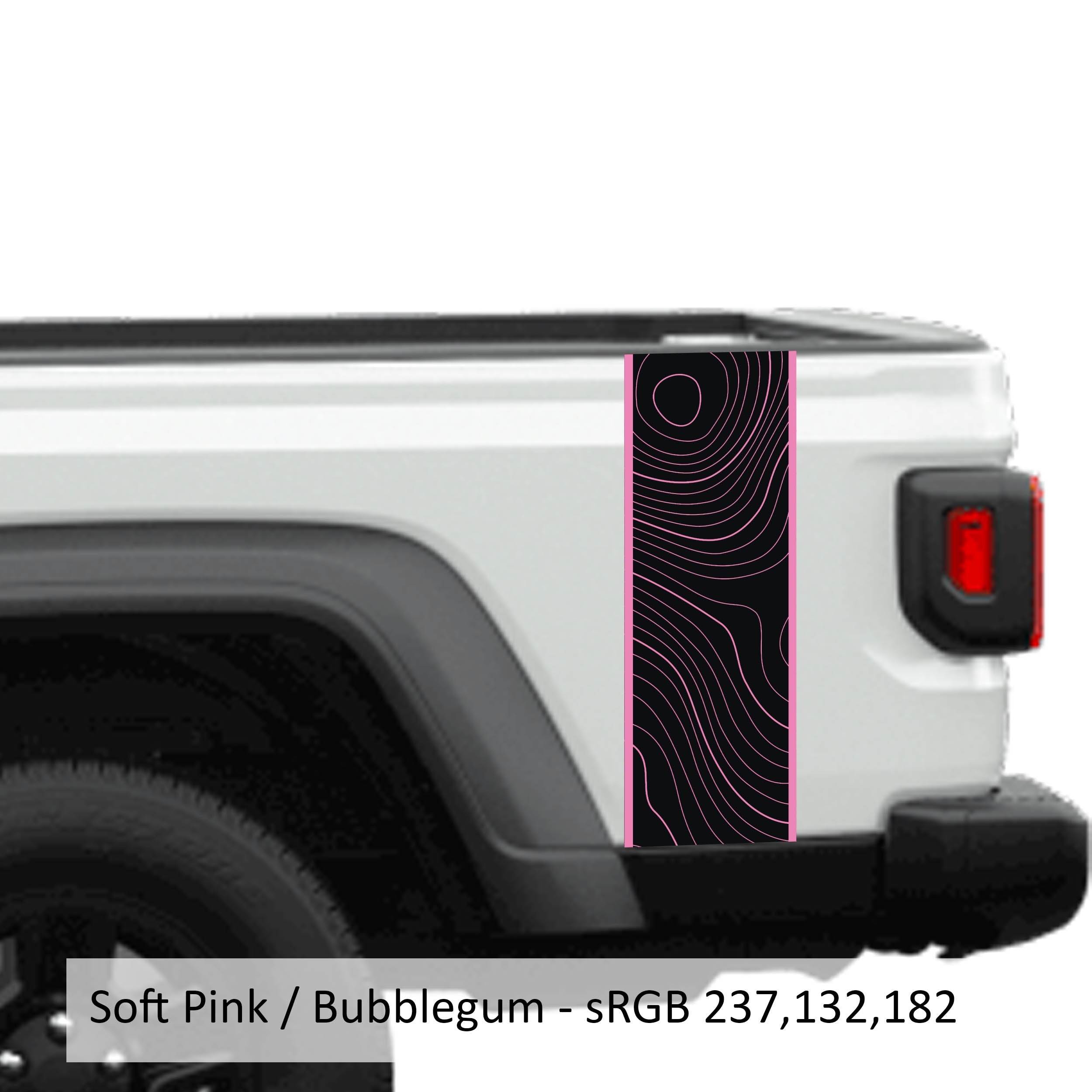 Baby blue topographical 2-layer blackout JT bedside stripe vinyl decal set on Jeep Gladiator bed