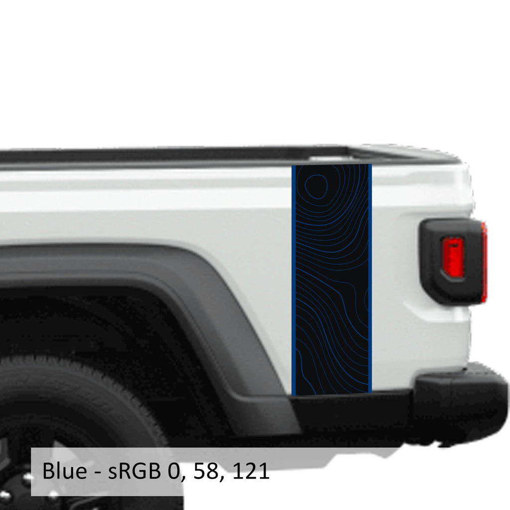 Blue topographical 2-layer blackout JT bedside stripe vinyl decal set installed on Jeep Gladiator bed