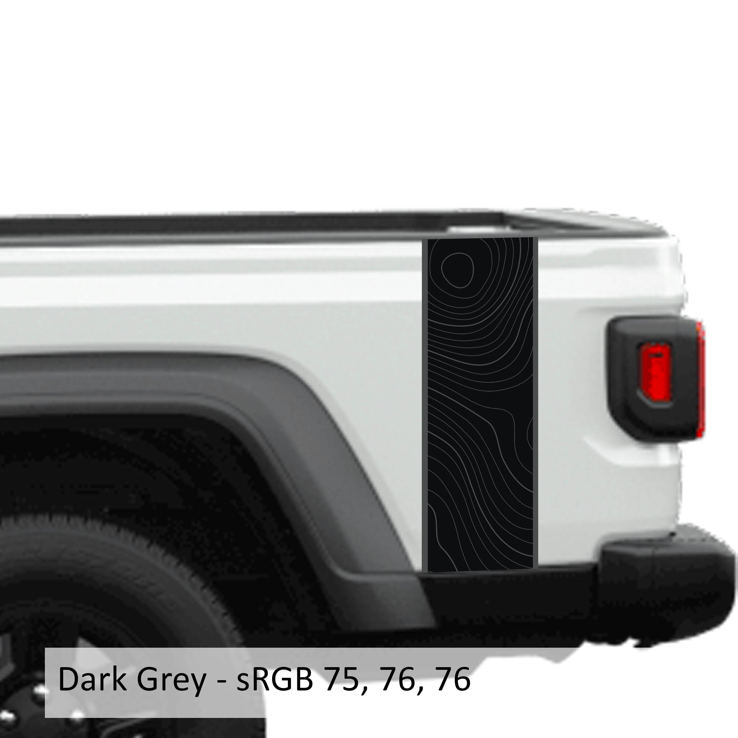 Dark gray topographical 2-layer blackout JT bedside stripe vinyl decal set on Jeep Gladiator bed