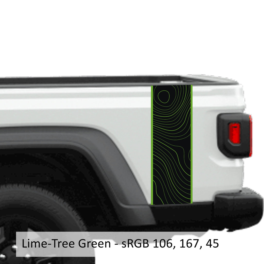 Lime green topographical 2-layer blackout JT bedside stripe vinyl decal set on Jeep Gladiator bed