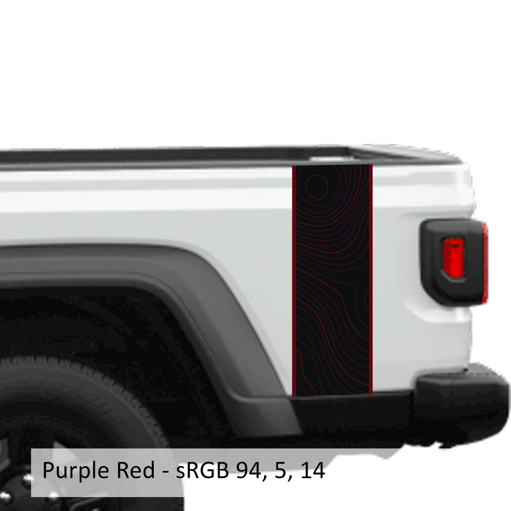 Purple red topographical 2-layer blackout JT bedside stripe vinyl decal set on Jeep Gladiator bed
