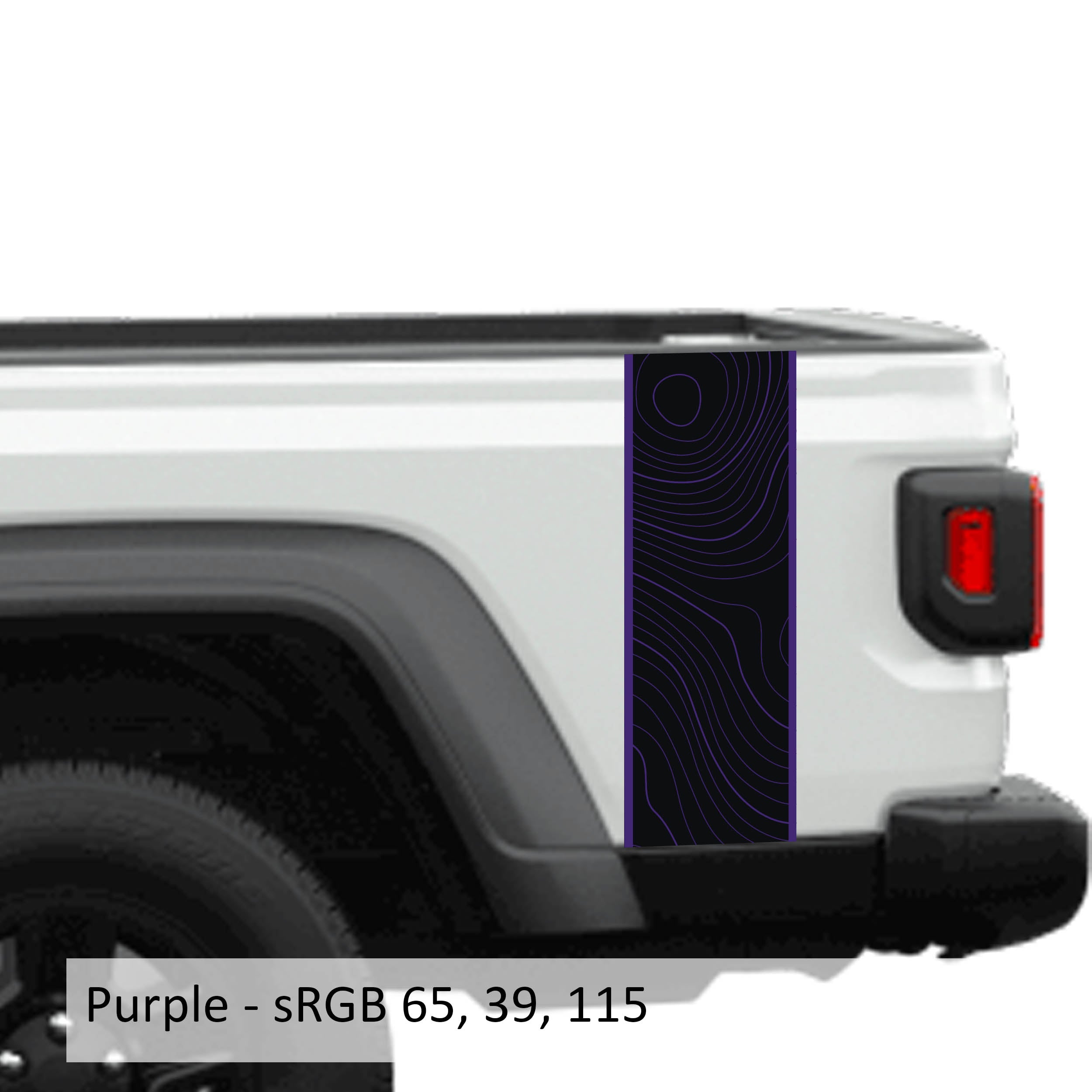 Purple topographical 2-layer blackout JT bedside stripe vinyl decal set on Jeep Gladiator bed side