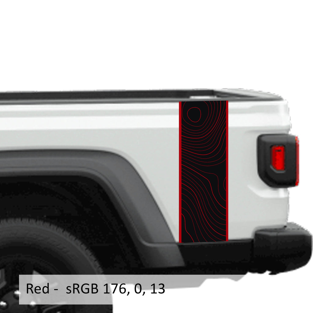 Red topographical 2-layer blackout JT bedside stripe vinyl decal set installed on Jeep Gladiator bed