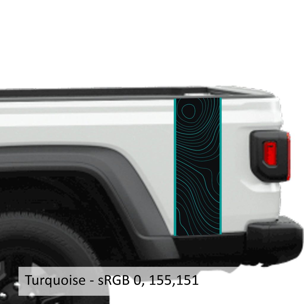 Turquoise topographical 2-layer blackout JT bedside stripe vinyl decal set on Jeep Gladiator bed