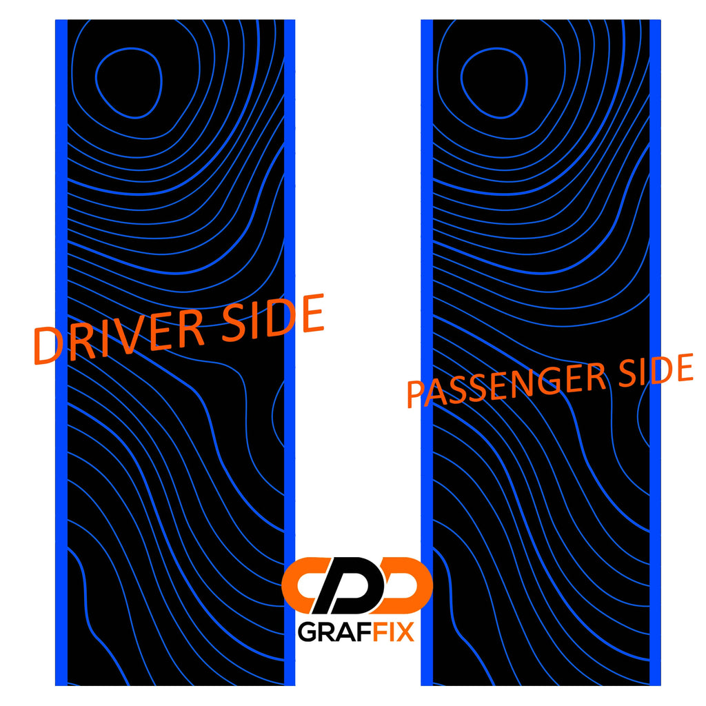 Blue topographical 2-layer JT bedside stripe decal layout showing driver and passenger side pieces