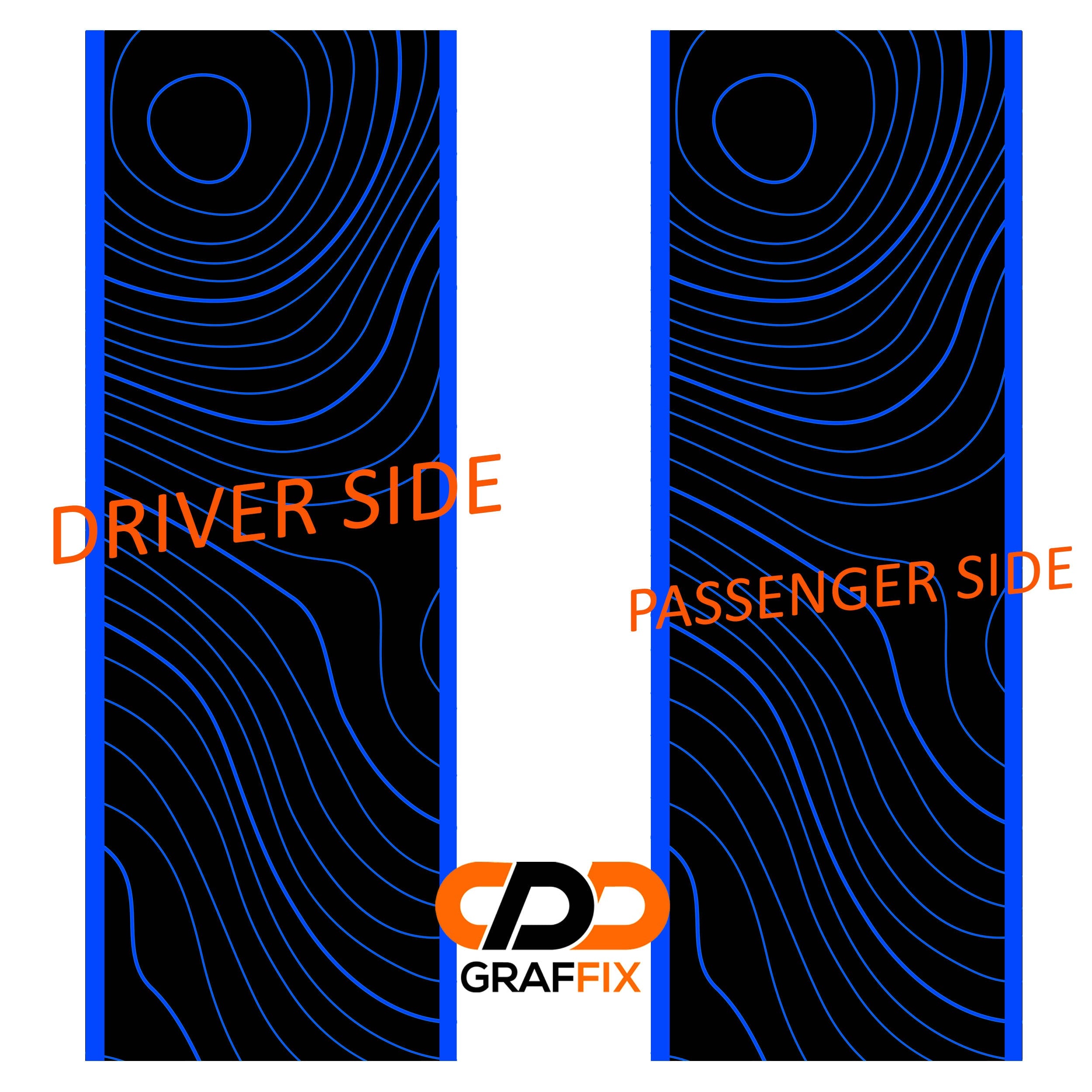 Blue topographical 2-layer JT bedside stripe decal layout showing driver and passenger side pieces