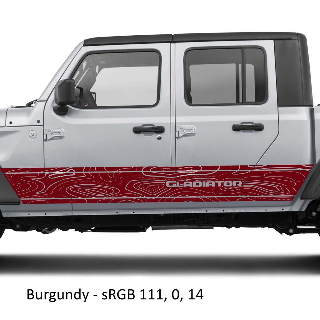 Burgundy topographic contour map vinyl decal on silver Jeep Gladiator JT rocker panel mockup