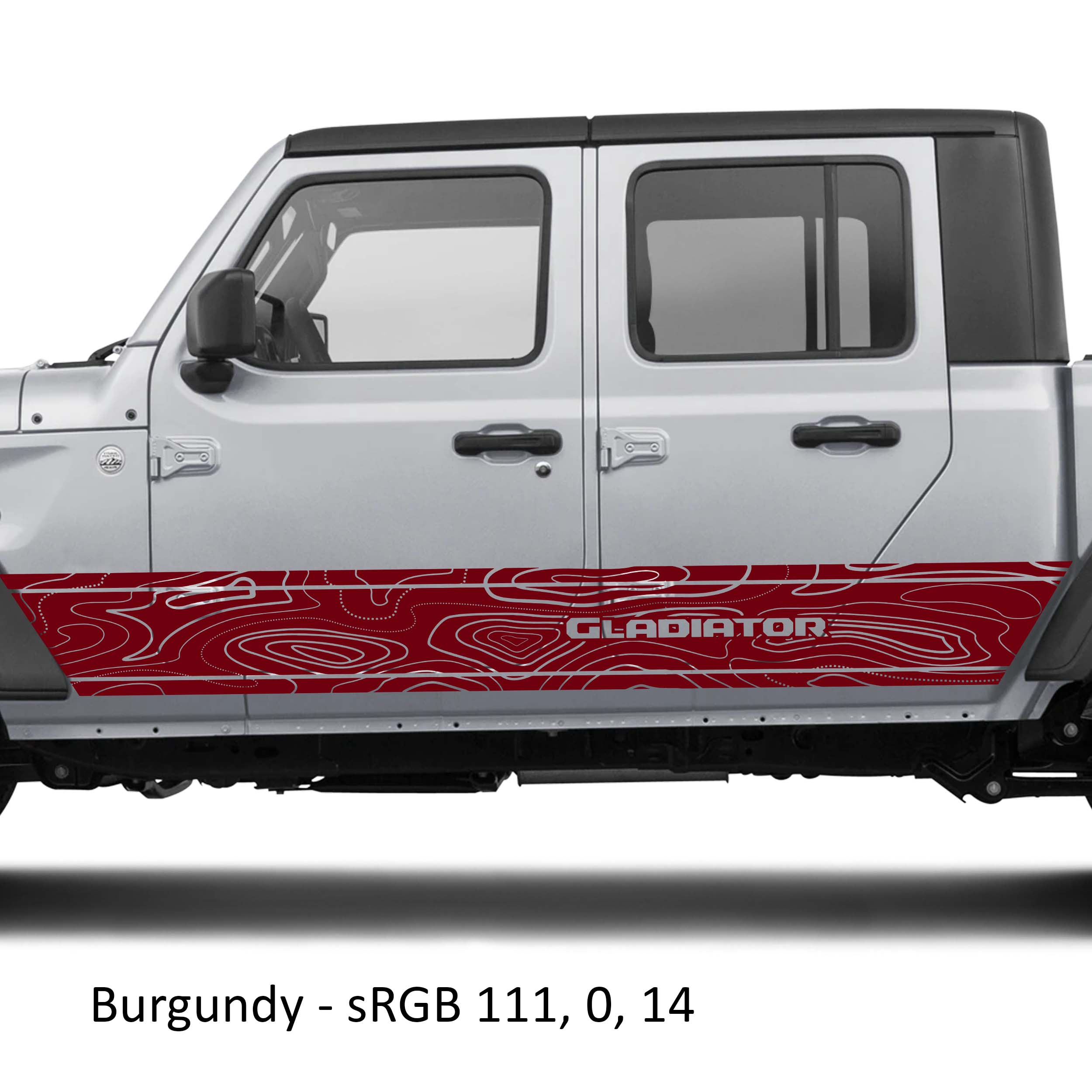 Burgundy topographic contour map vinyl decal on silver Jeep Gladiator JT rocker panel mockup
